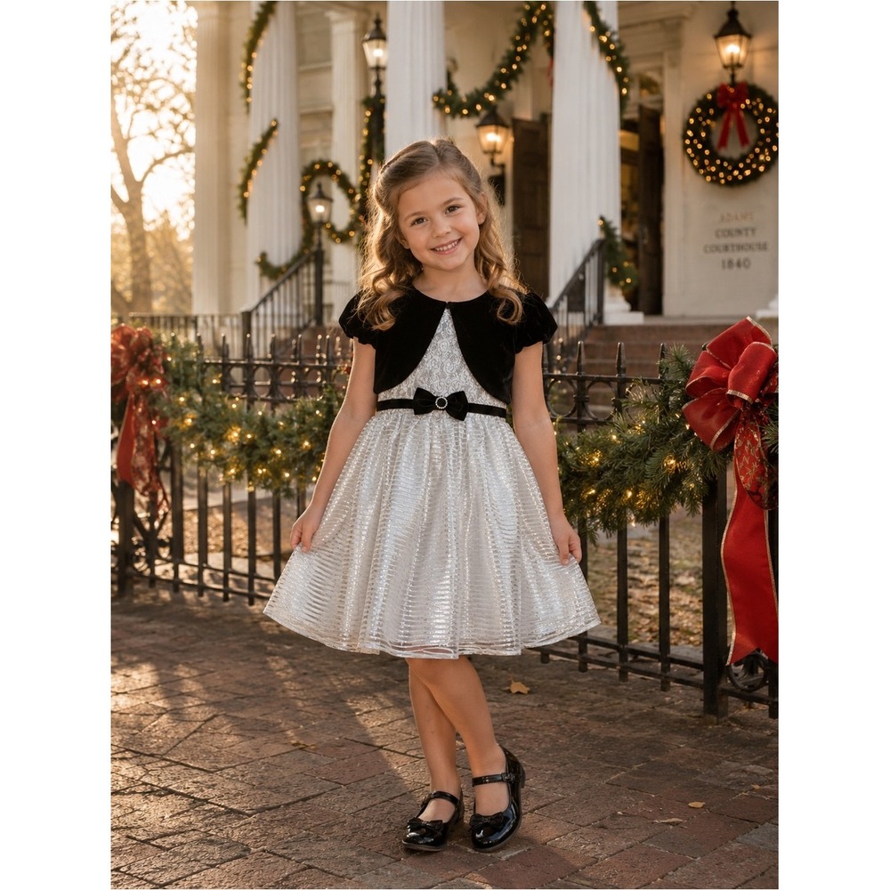 Jona Michelle White Silver Holiday Party Dress Black Velvet Shrug Girls 5 NWT
